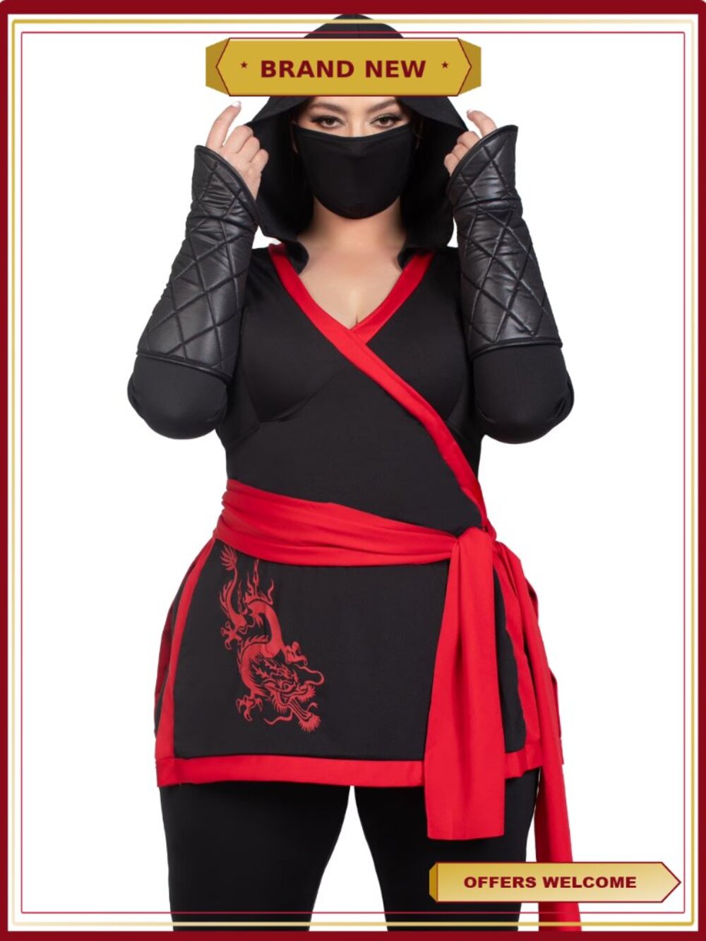 Plus Size Ninja Assassin Costume with Hooded Top, Leggings, Arm Gauntlets & Mask